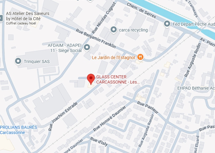 Emplacement GLASS CENTER Carcassonne : Carte et rues Carte montrant l'emplacement de GLASS CENTER CARCASSONNE - Les, près du Jardin de l'Estagnol, Rue Pasteur et Rue Benjamin Franklin.