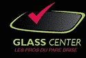 Logo Glass Center, les pros du pare brise. Un pare-brise stylisé noir avec un contour vert clair et une coche rouge vif au-dessus.