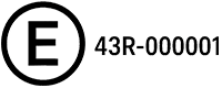 Marquage réglementaire circulaire avec la lettre 'E' stylisée à l'intérieur, suivi du code d'homologation 43R-000001 et d'un motif de code-barres.