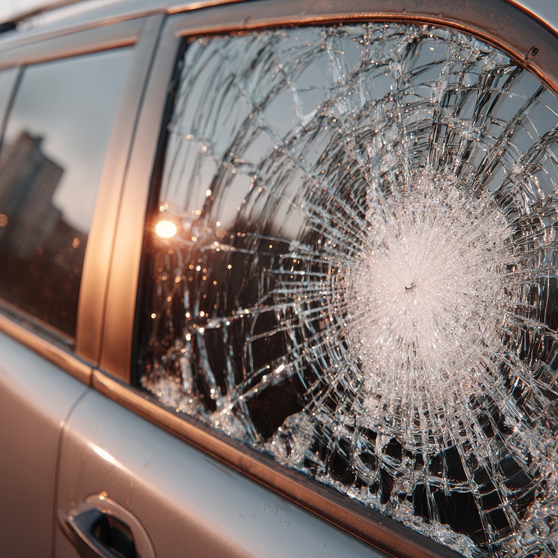 Vue rapprochée d'une vitre latérale de voiture brisée par un impact, montrant un motif d'éclatement en toile d'araignée au coucher du soleil.